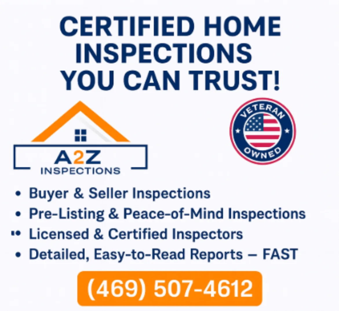 A2Z Inspections home inspection flyer promoting residential home inspections in DFW and Ellis County